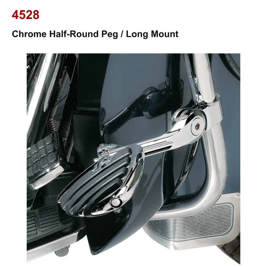 Chrome half-round peg with long mount for compatible Harley motorcycle highway cruise setup