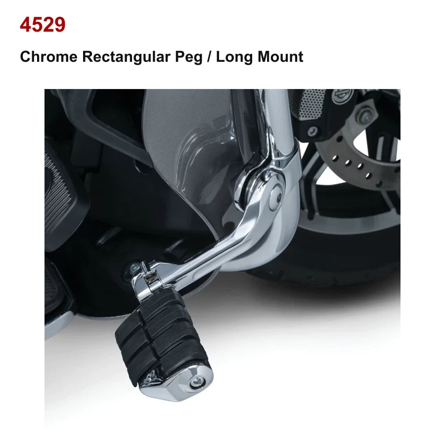 Chrome rectangular peg with long mount for compatible Harley motorcycle highway cruise setup