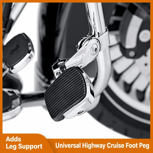 Universal highway cruise foot peg mounted to a Harley motorcycle engine guard