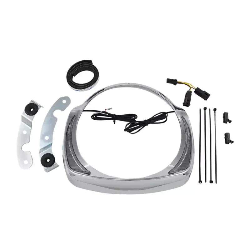 Complete Harley Touring LED headlight trim kit with wiring and hardware