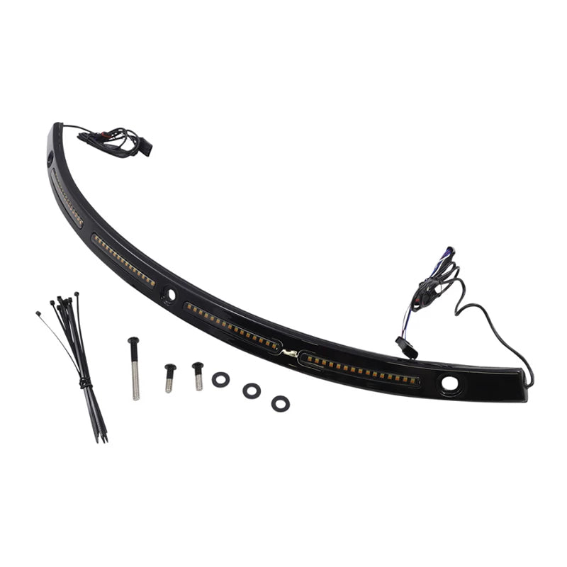Black Harley LED windshield trim light kit with standard flashing turn signals and mounting hardware