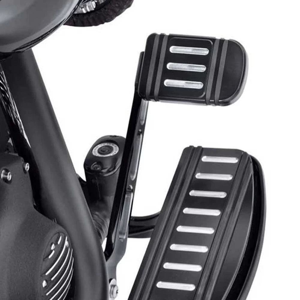 Machined Harley brake pedal pad installed on motorcycle