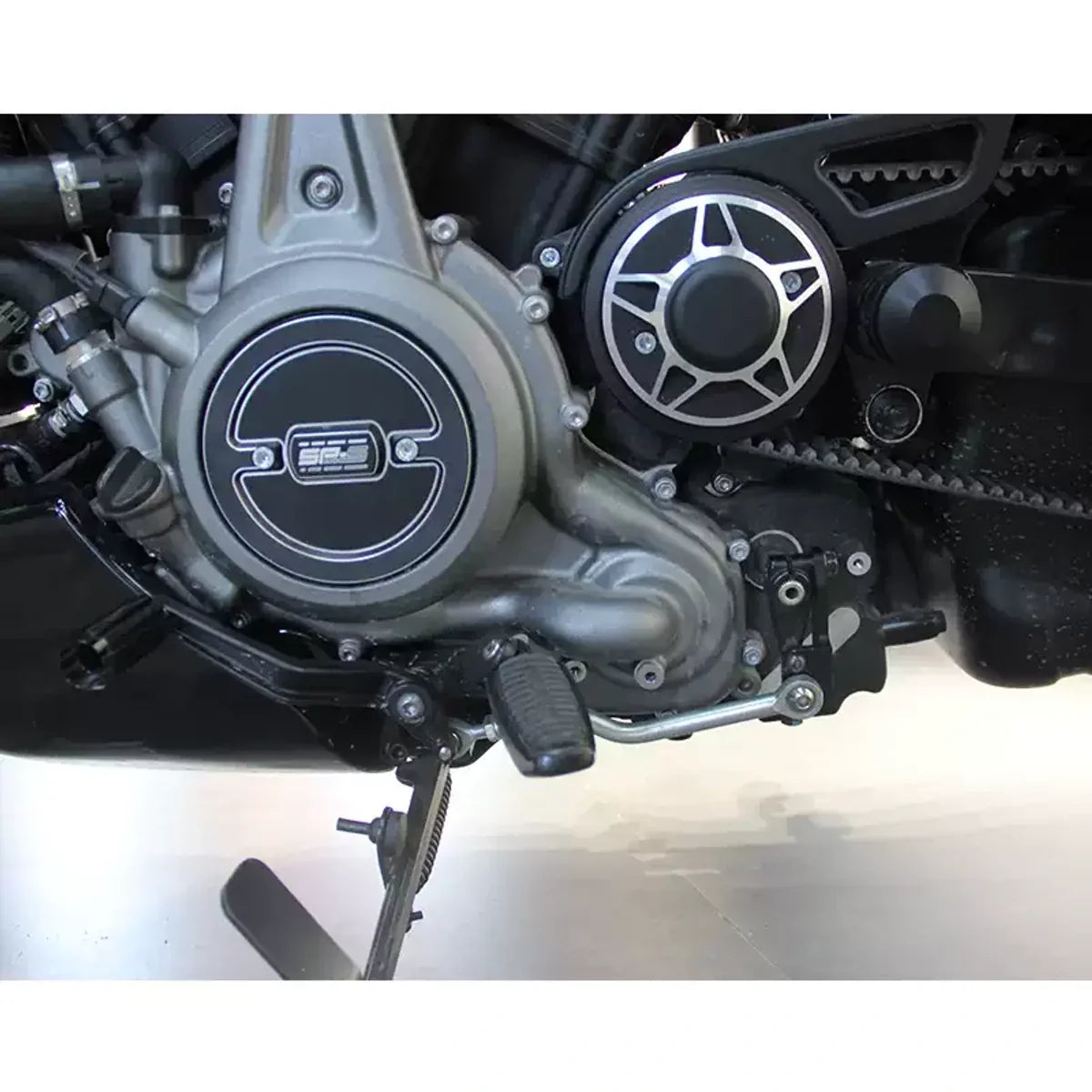 Shift assist bracket installed on a Harley Nightster RH975 motorcycle side view