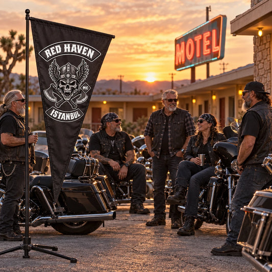 A group of mature heavyweight V-twin owners display their custom club triangle flag during an open-road fuel stop.