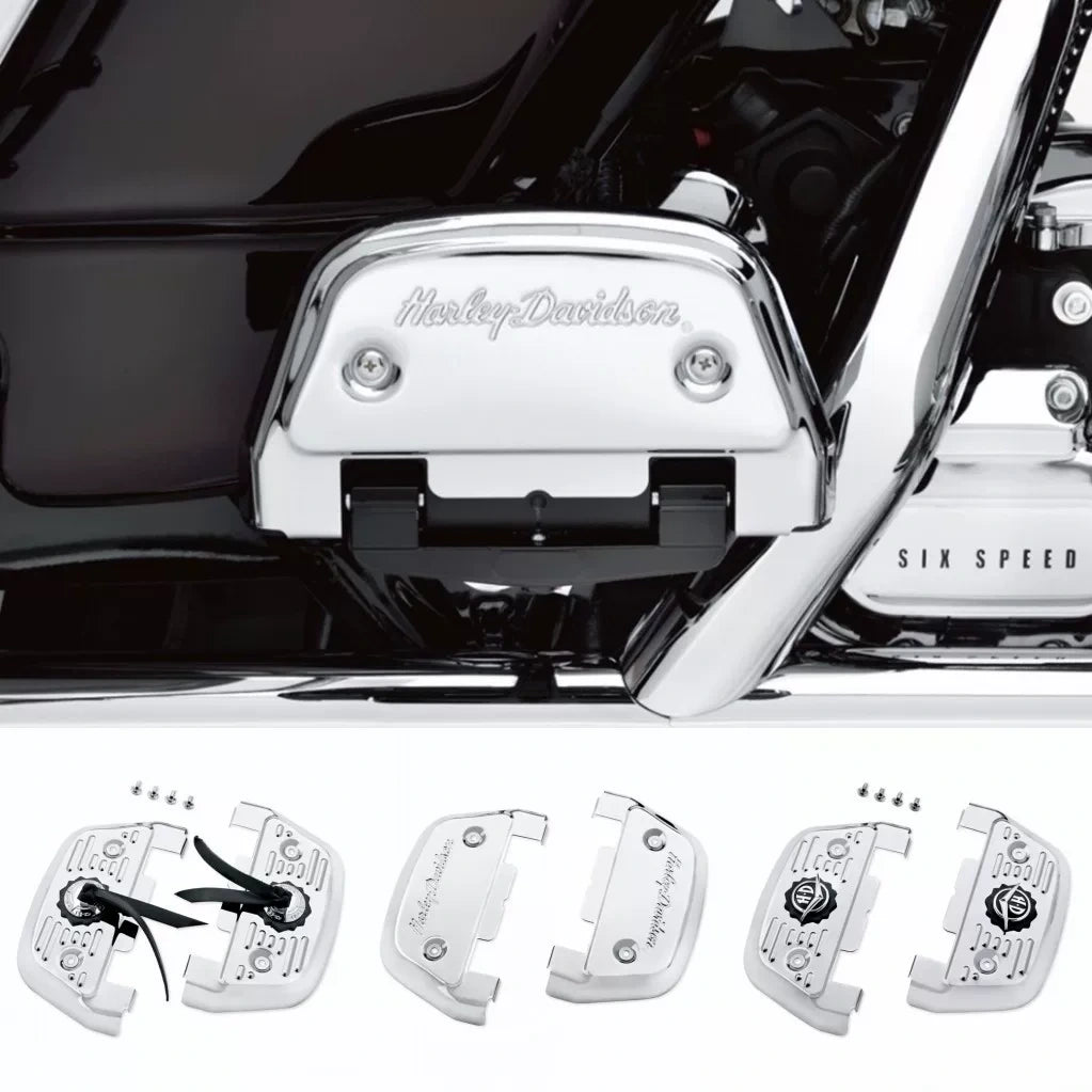 Harley passenger footboard backplate covers in ribbon, script and HD medallion styles