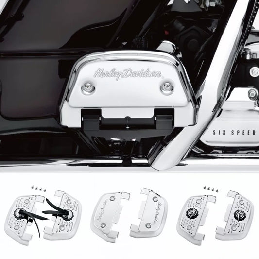 Harley passenger footboard backplate covers in ribbon, script and HD medallion styles