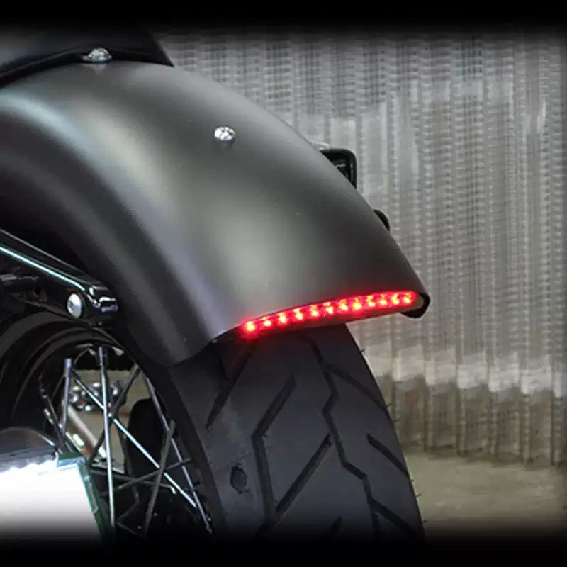 Illuminated red LED tail light mounted under a Harley rear fender
