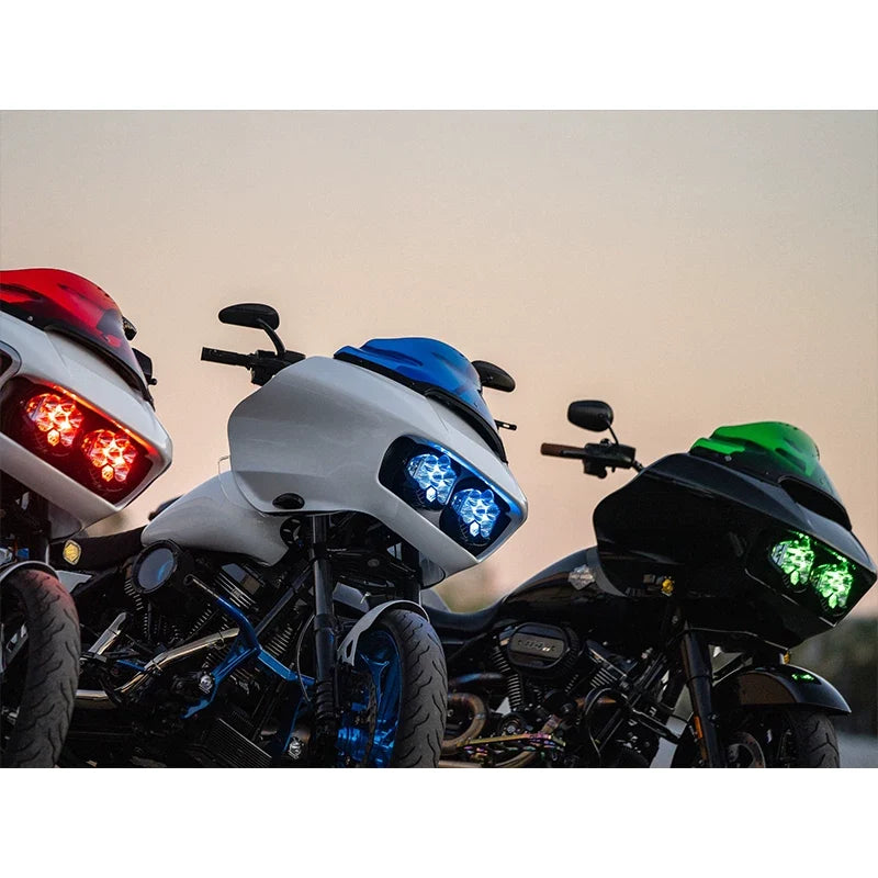 Red blue and green LED headlights installed on Road Glide motorcycles
