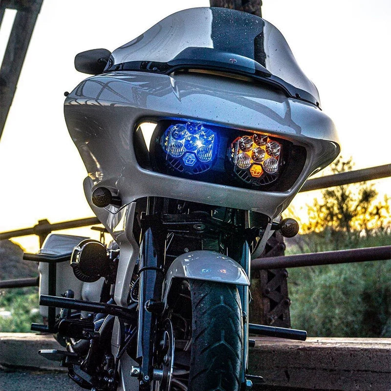 Dual LED headlights installed on a Harley-Davidson Road Glide