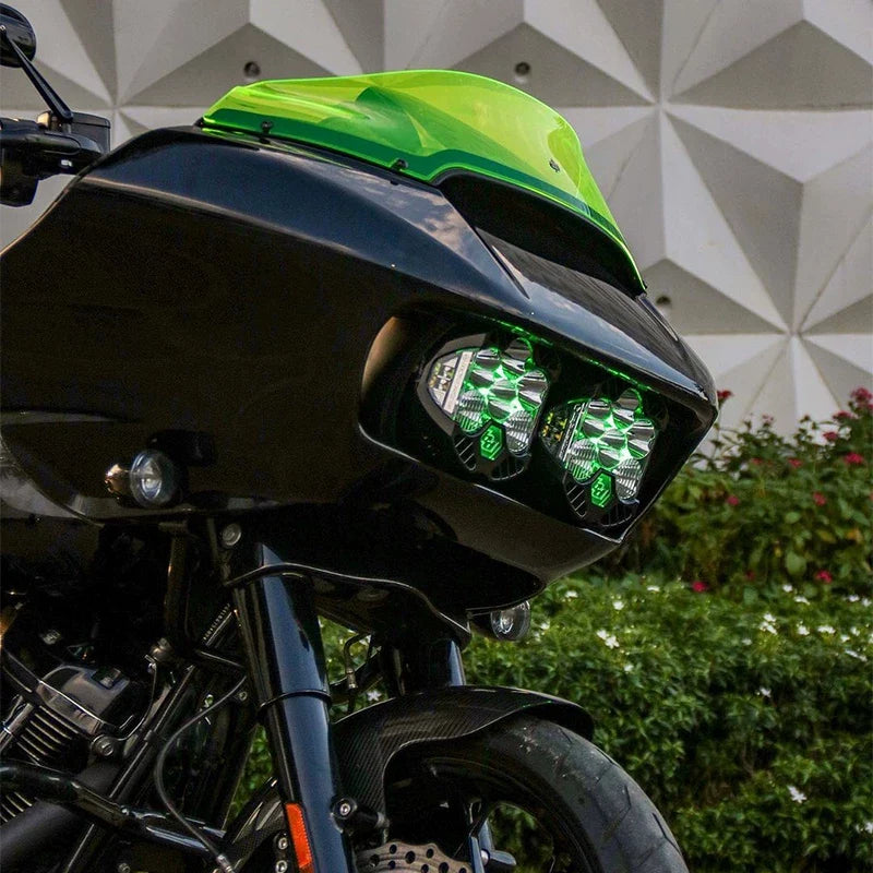 Green LED dual headlights installed on a Harley-Davidson Road Glide