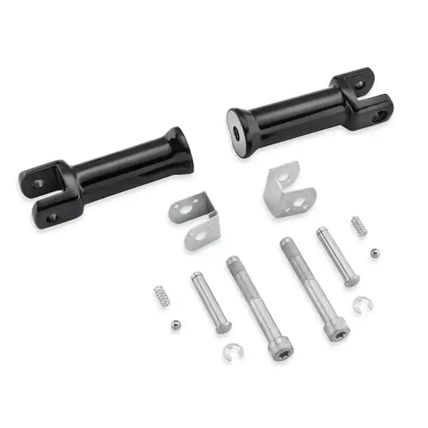 Black passenger foot peg support bracket kit and mounting hardware