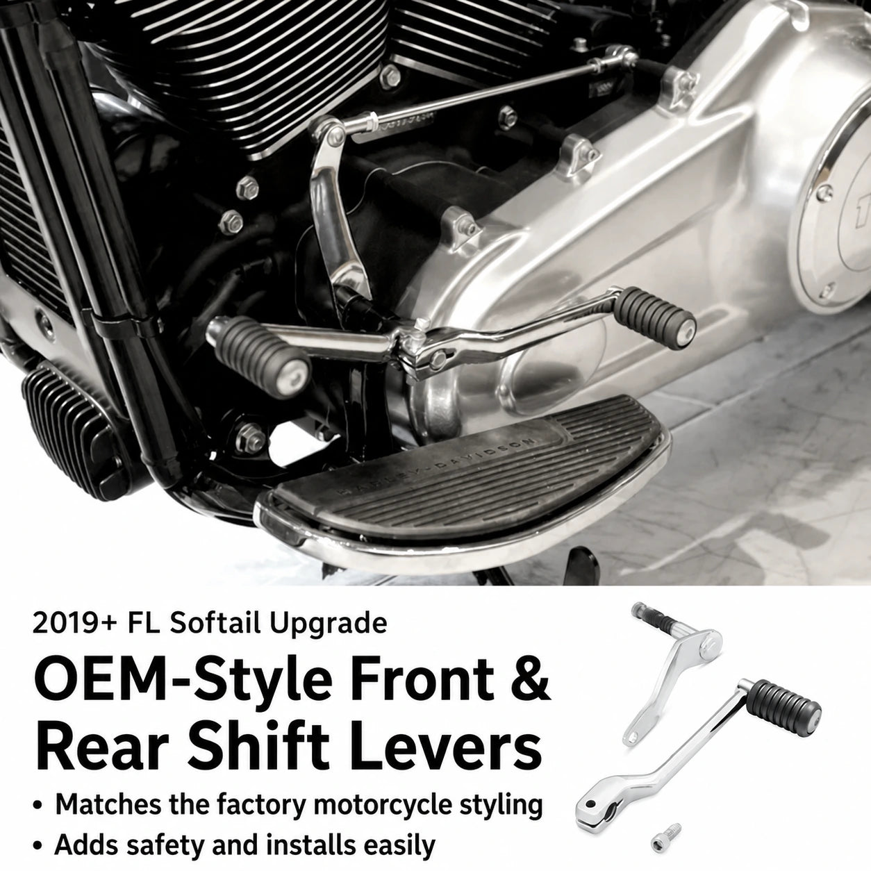 Front and rear heel-toe shift levers installed on a 2019+ Harley Softail