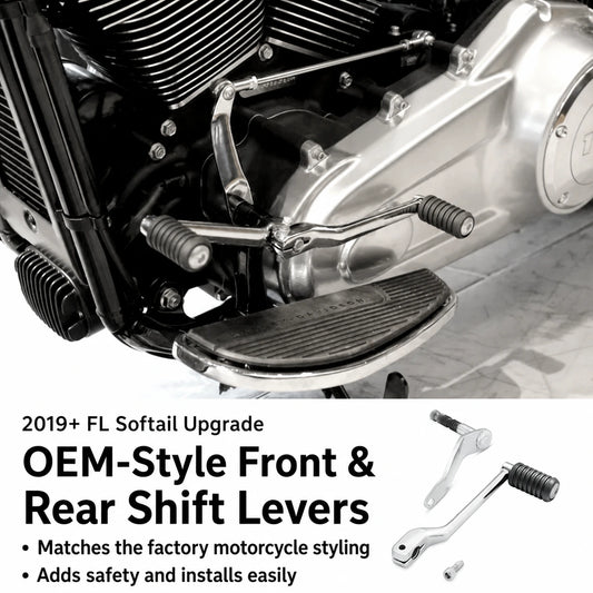 Front and rear heel-toe shift levers installed on a 2019+ Harley Softail