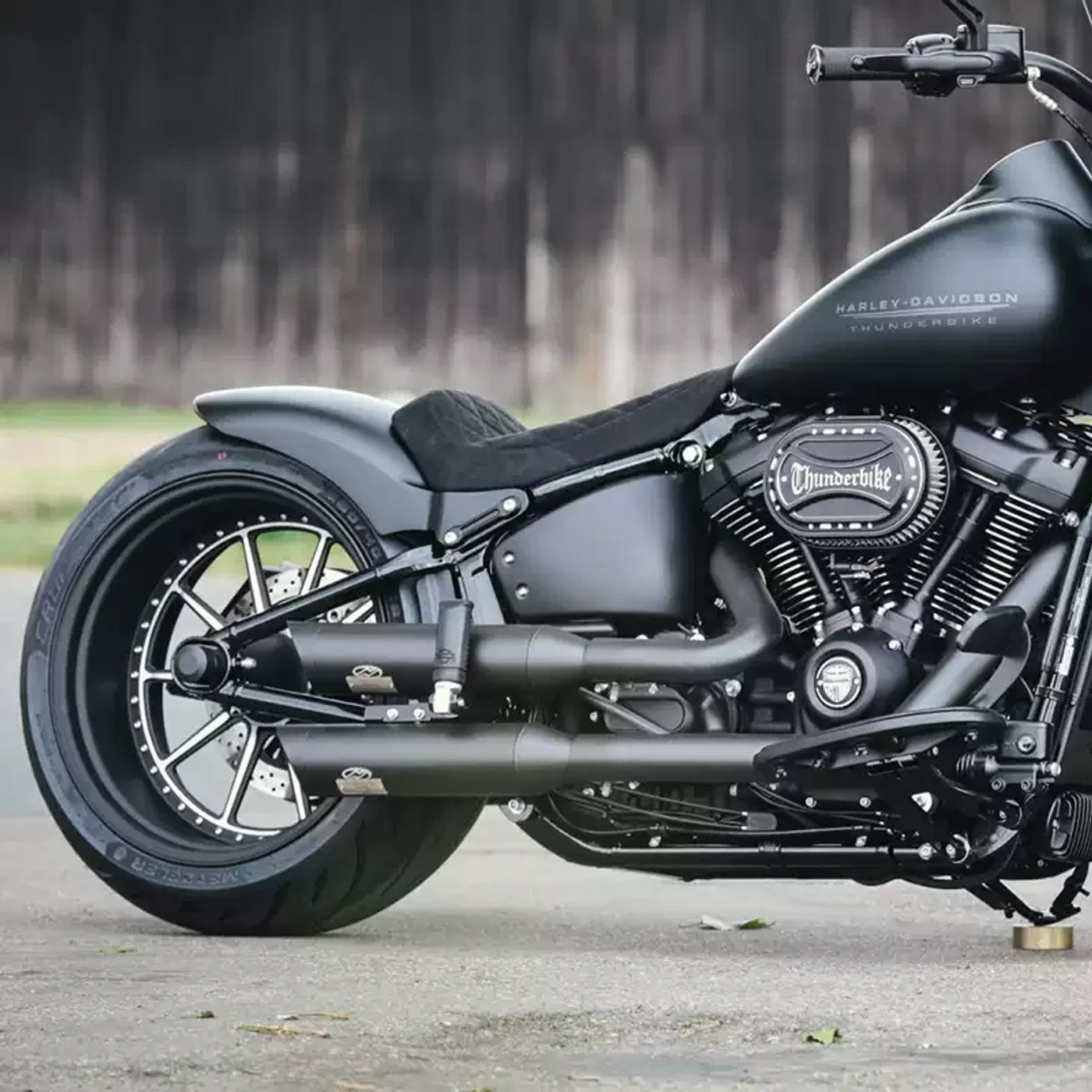Harley Softail motorcycle profile showing passenger foot peg bracket location