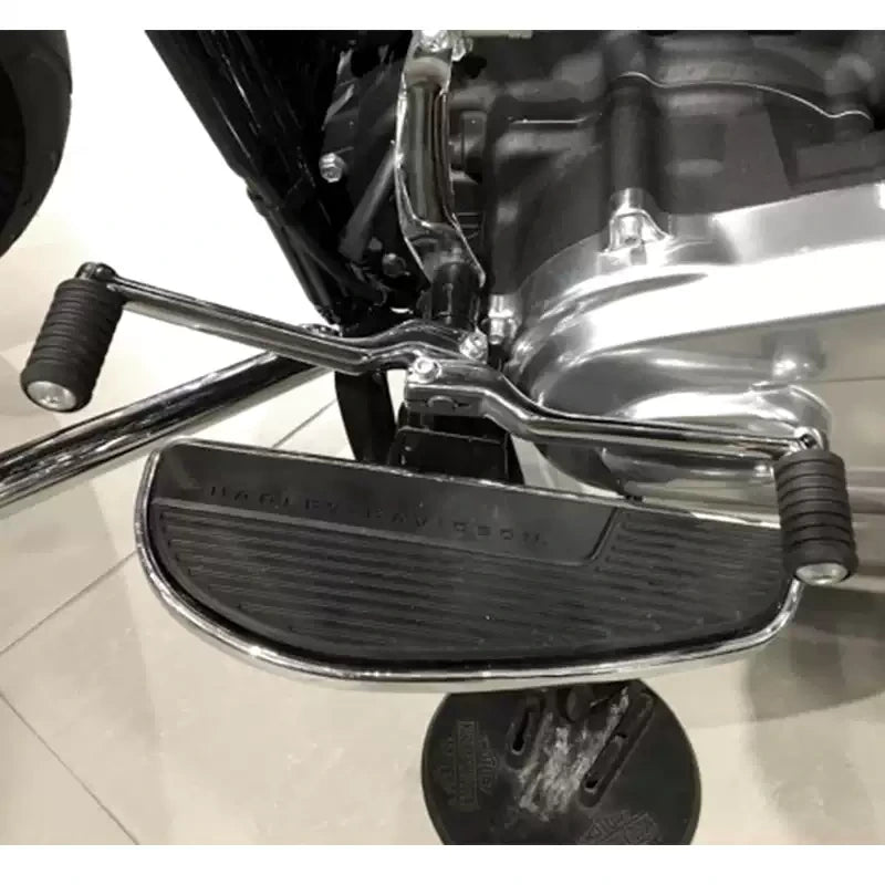 Rear shift lever and rider floorboard on a Harley Softail