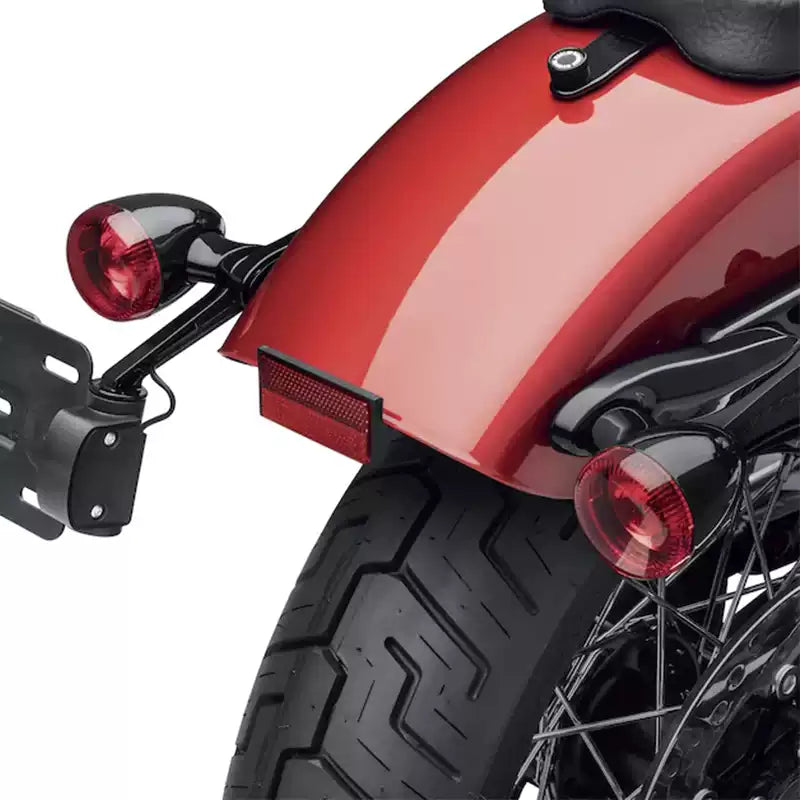 Rear view of Harley Softail with turn signals relocated beside the rear fender