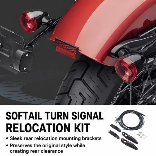Harley Softail turn signal relocation kit installed with saddlebags for added rear clearance