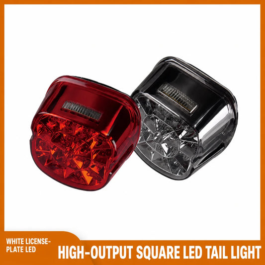 Square LED tail lights for Harley motorcycles in red and smoke black lens finishes