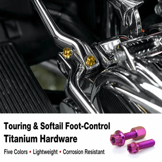 Titanium foot-control bolts for Harley Touring and Softail motorcycles in five colors