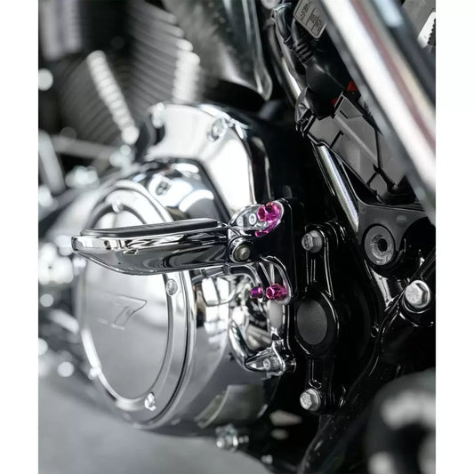 Purple titanium shift lever bolts installed on a Harley motorcycle
