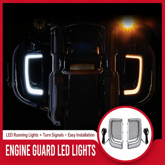 Harley Touring engine guard LED running lights illuminated in white and amber