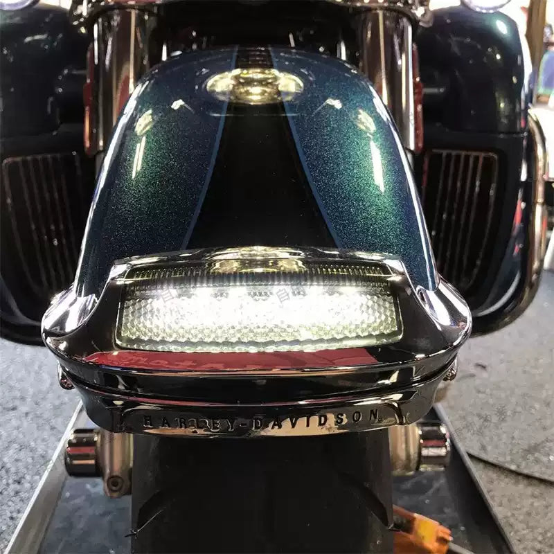Chrome front fender LED accent light installed on a Harley Touring motorcycle front fender