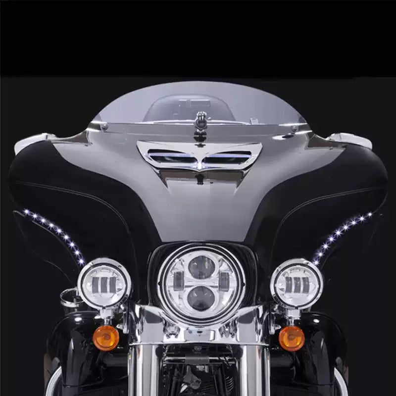 Front view of paired LED eyebrow light strips on Harley Touring fairing
