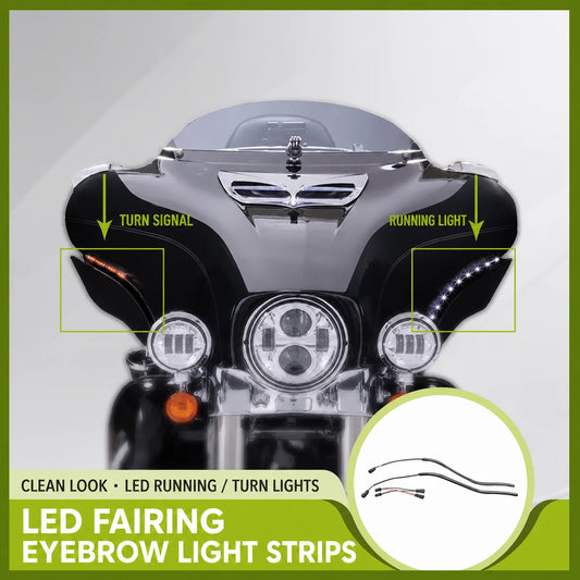 Harley Touring LED fairing eyebrow light strips showing white running and amber turn signals