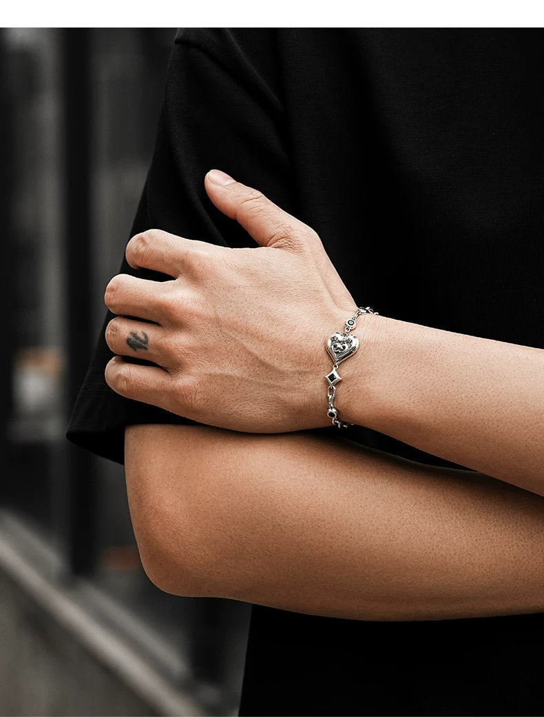 Heart Playing Card Sterling Silver Biker Bracelet – wrist and design view 1
