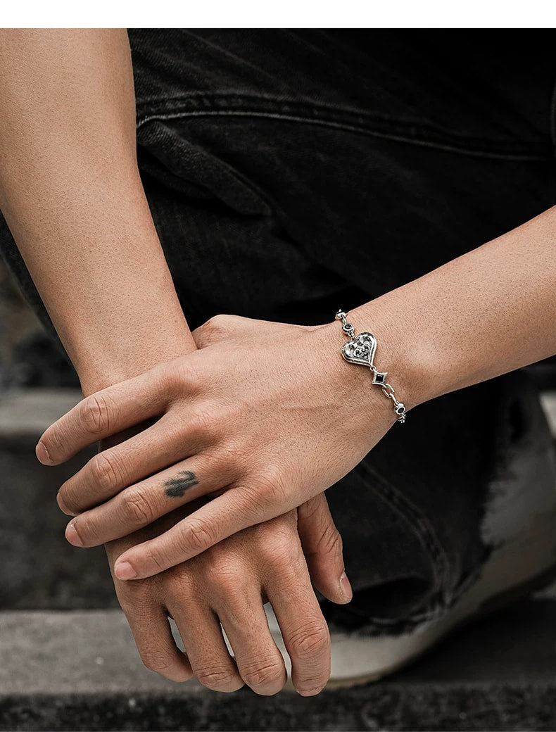 Heart Playing Card Sterling Silver Biker Bracelet – wrist and design view 2
