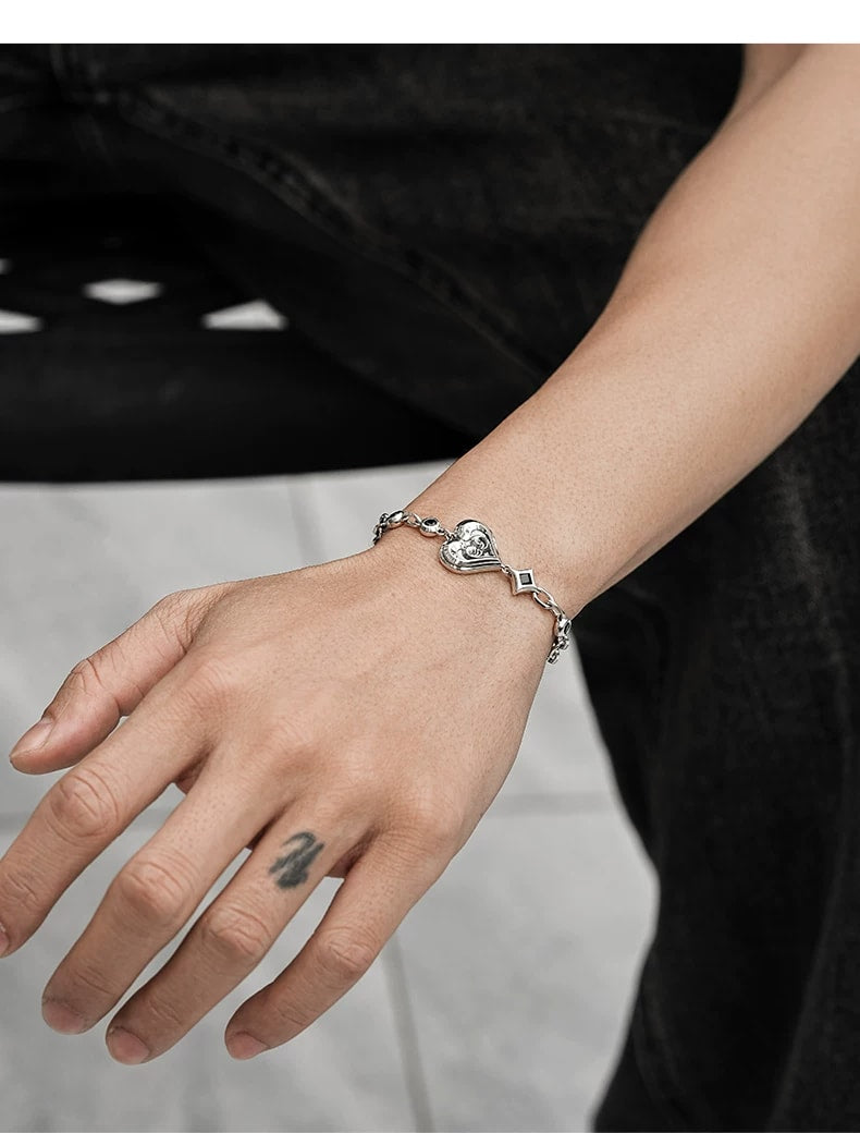 Heart Playing Card Sterling Silver Biker Bracelet – wrist and design view 3