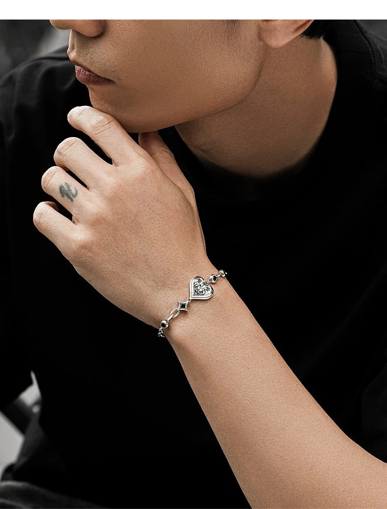 Heart Playing Card Sterling Silver Biker Bracelet – wrist and design view 4