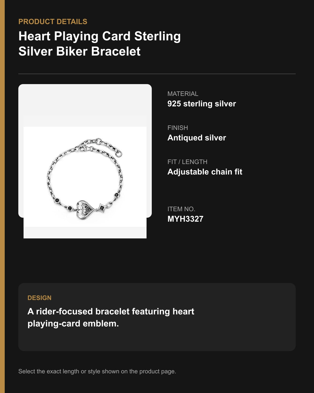 Heart Playing Card Sterling Silver Biker Bracelet – English product details