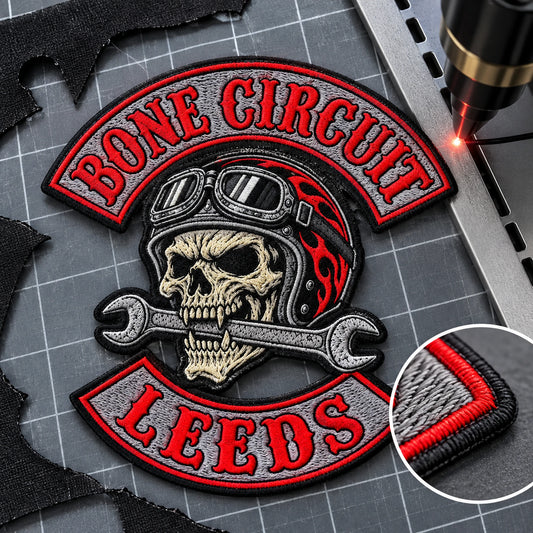 Irregular chest patch with precise heat-cut edge for a motorcycle club, shown at clean cutting workstation.