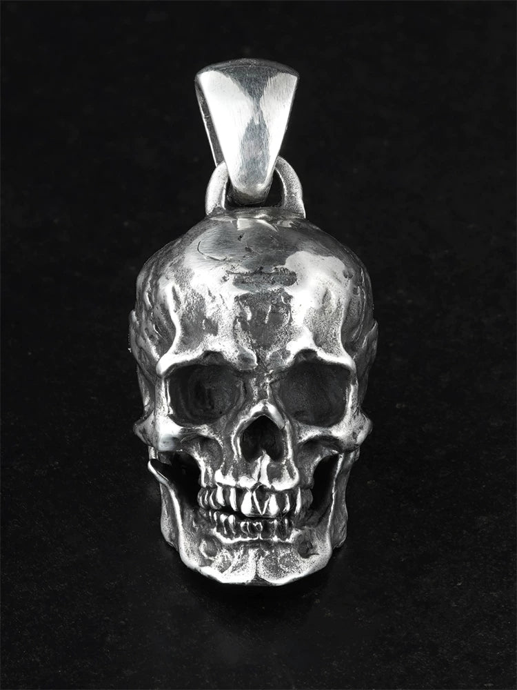 Heavy anatomical skull sterling silver biker pendant, front view