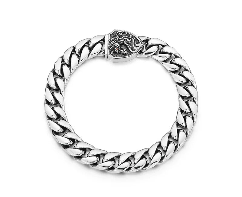 Heavy Cuban Chain Horse Zodiac Sterling Silver Bracelet – wrist and design view 1