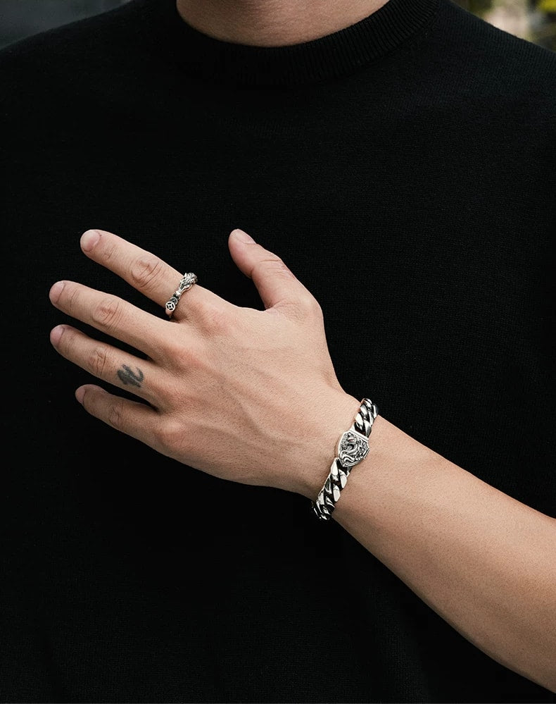 Heavy Cuban Chain Horse Zodiac Sterling Silver Bracelet – wrist and design view 2