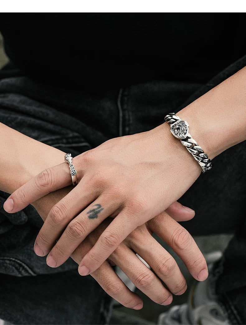 Heavy Cuban Chain Horse Zodiac Sterling Silver Bracelet – wrist and design view 3