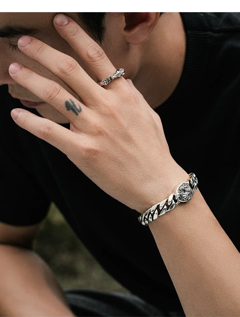 Heavy Cuban Chain Horse Zodiac Sterling Silver Bracelet – wrist and design view 4