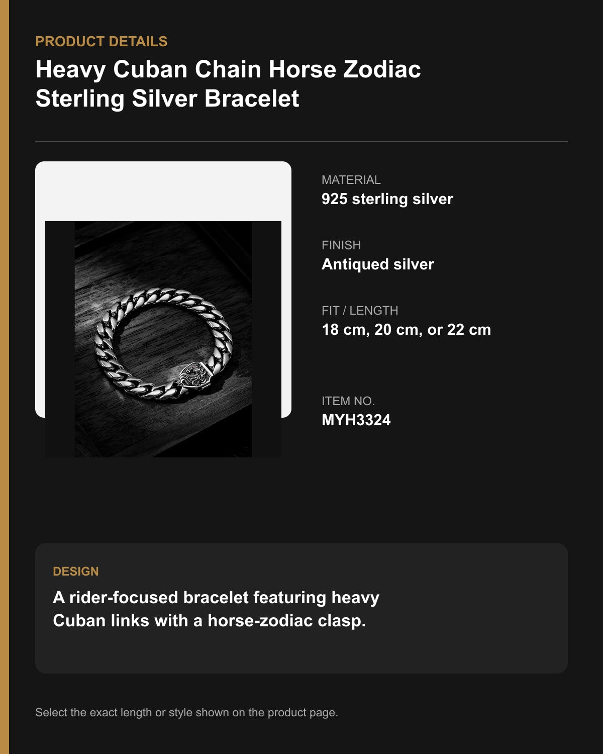 Heavy Cuban Chain Horse Zodiac Sterling Silver Bracelet – English product details