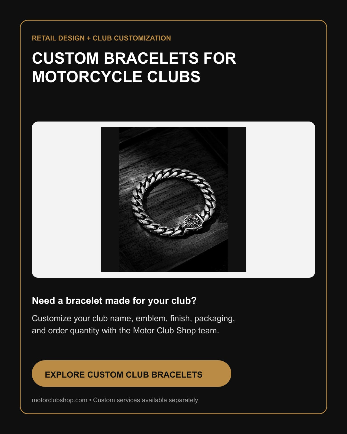 Custom motorcycle club bracelets by Motor Club Shop