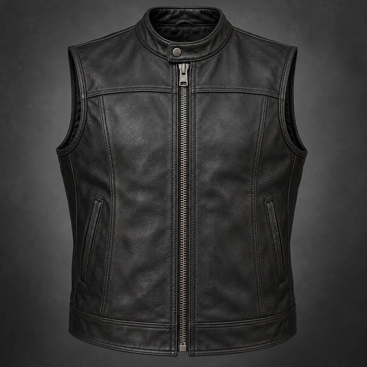 Motorcycle club leather vest with a heavy-duty front zipper and reinforced stitching.
