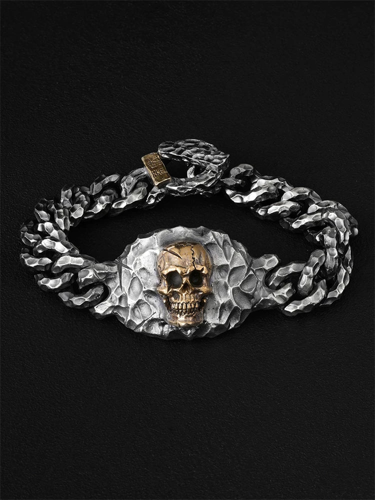 heavy skull hammered sterling silver biker bracelet product view 1