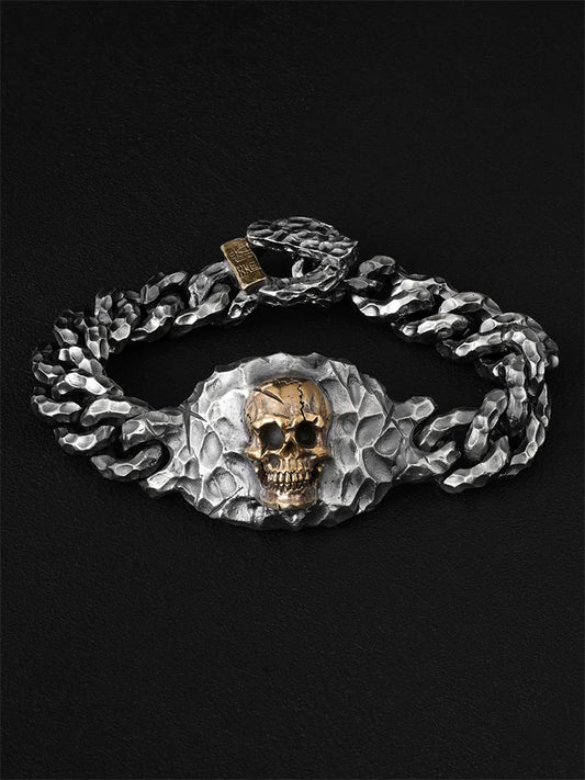 heavy skull hammered sterling silver biker bracelet product view 1