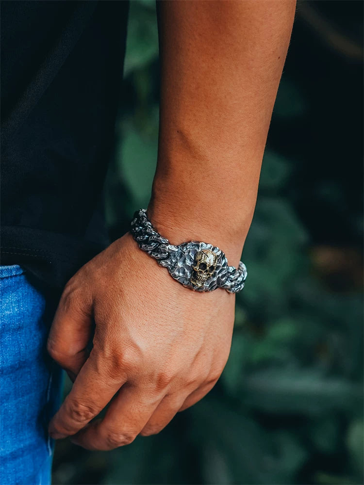 heavy skull hammered sterling silver biker bracelet product view 3