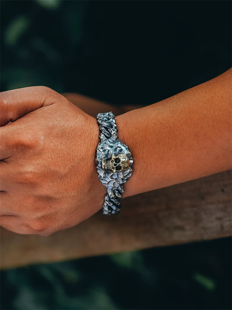 heavy skull hammered sterling silver biker bracelet product view 4
