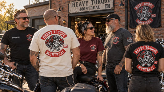 Heavy Torque Montreal members wearing coordinated custom club T-shirts with officer, left-chest, sleeve and full-back identity details.