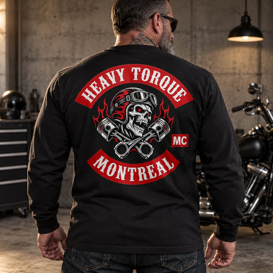 Heavyweight custom motorcycle club long-sleeve shirt with substantial cotton structure.
