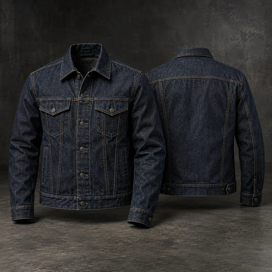 Heavyweight raw-denim motorcycle club jacket with reinforced construction.