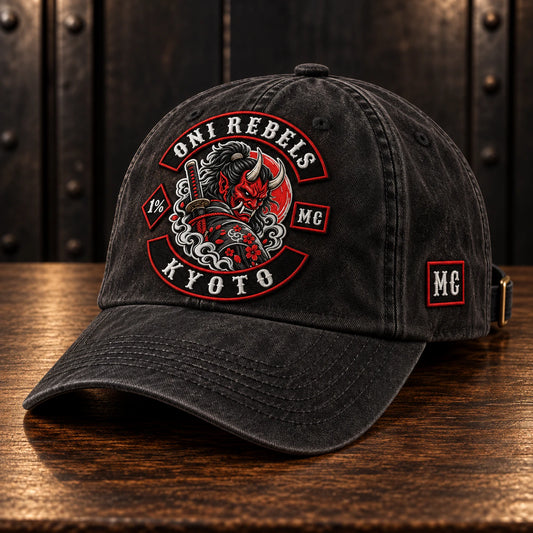 authentic club customization motorcycle club vintage dad hat with an authorized club logo.